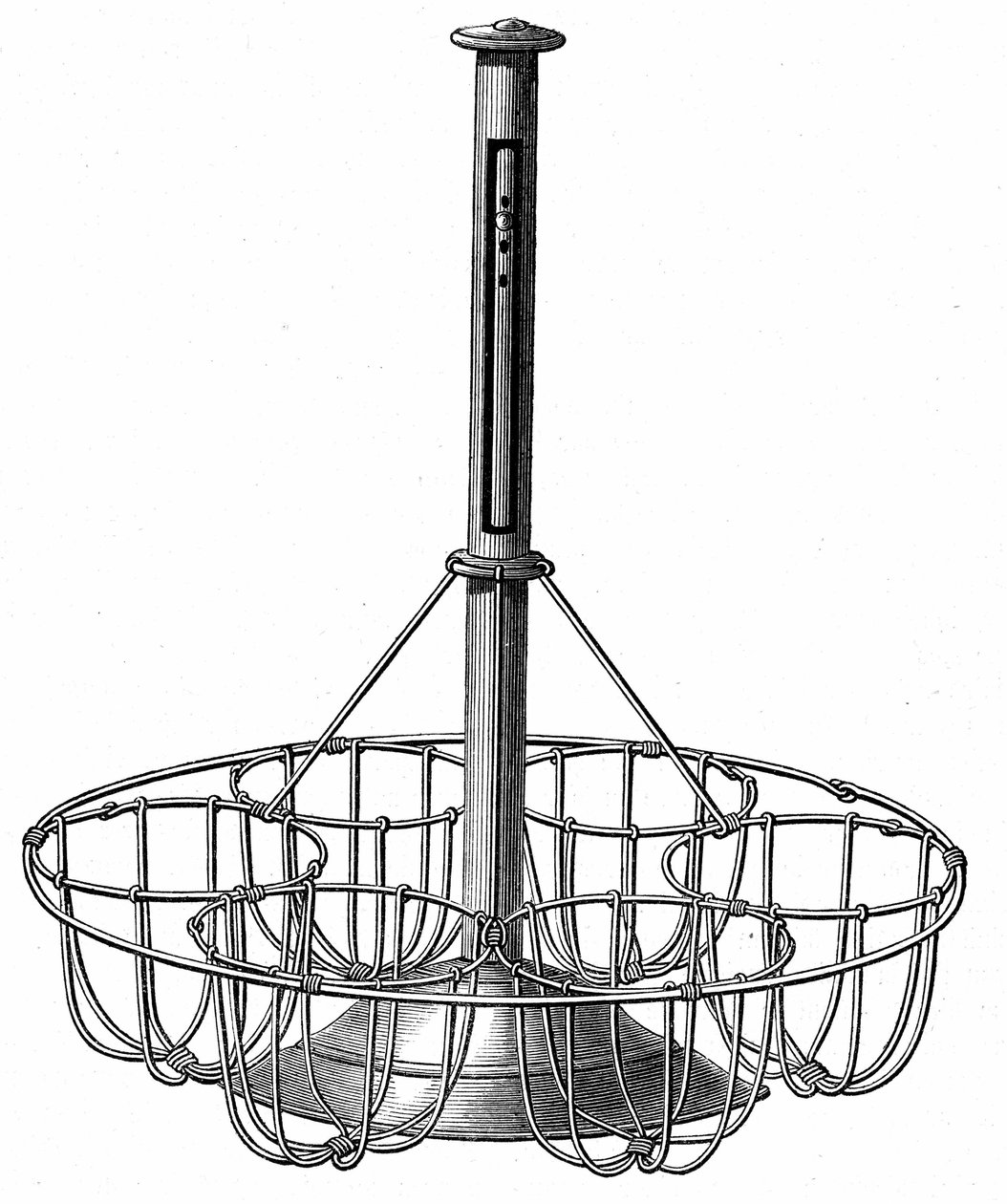 Apparat for koking av egg: eggene legges i kurver brus med en holder i midten som er et termometer som lar deg vite temperaturen på vannet under koking. Gravering i "" Le Magasin Picturesque"" av French School