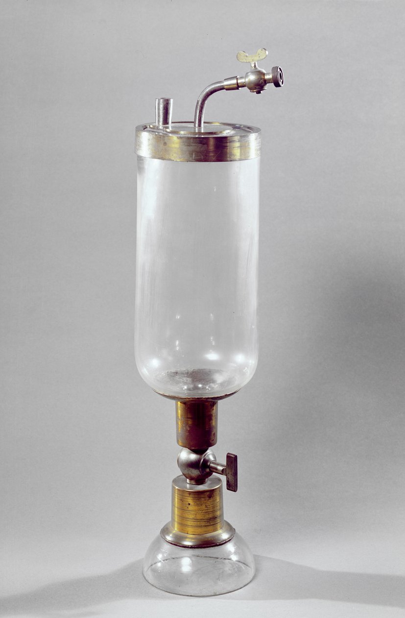 Apparat for å studere gass, designet av Antoine Laurent de Lavoisier (1743-94) (metall og glass) av French School