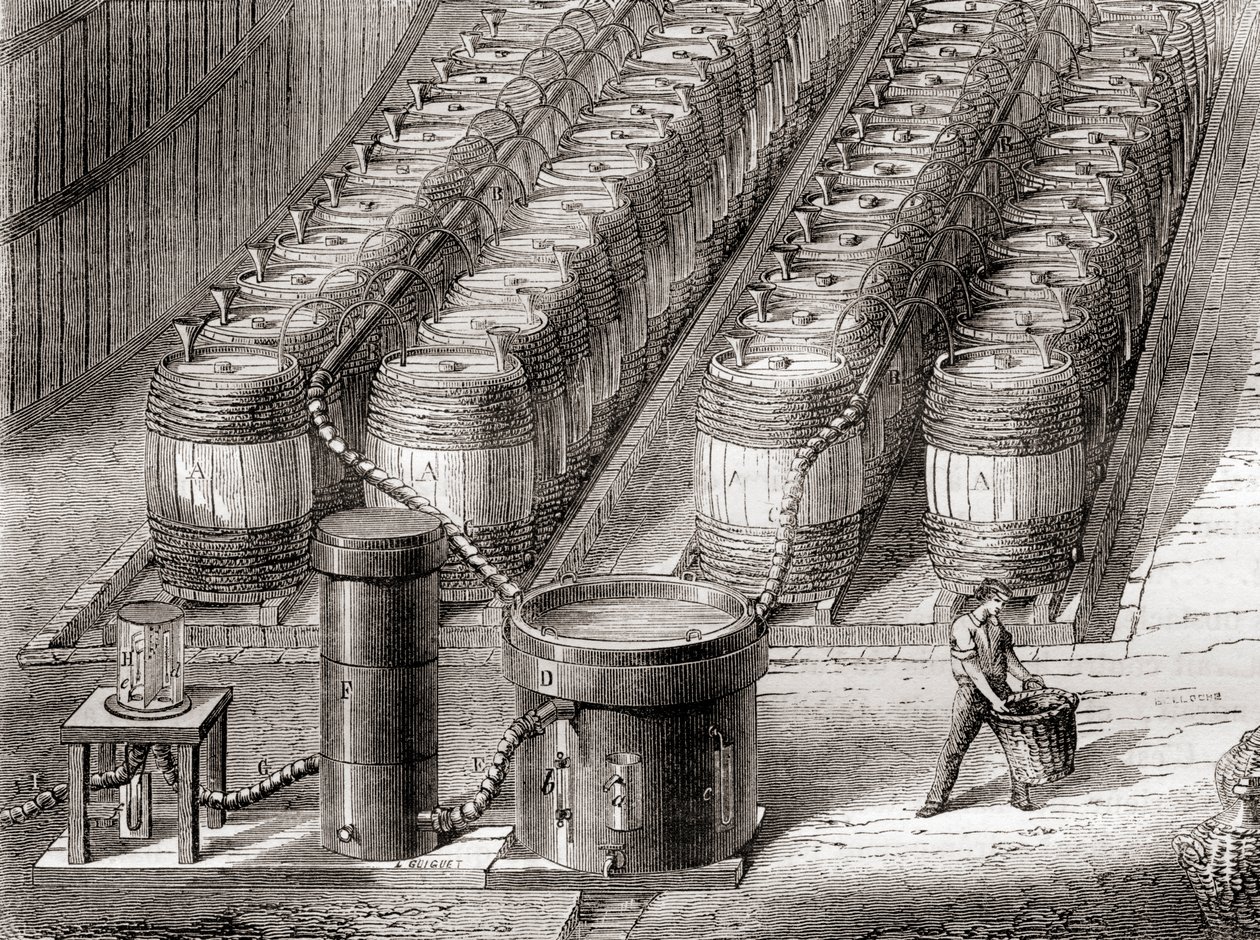 Apparat som brukes til fremstilling av hydrogengassen, ved innvirkning av svovelsyre på jern, når en ballong fylles, fra 'Les Merveilles de la Science', publisert ca. 1870 (lito) av French School