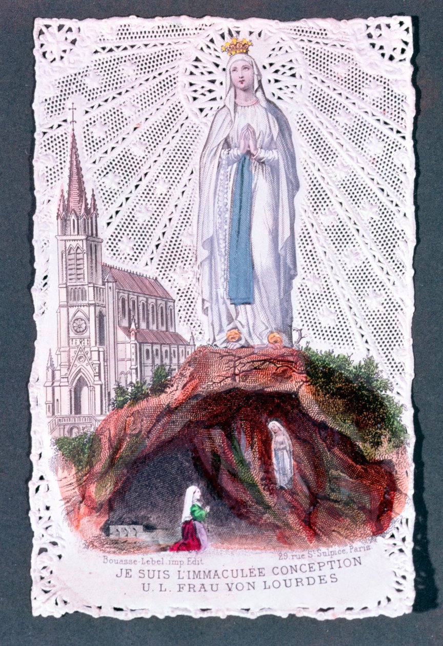 Åpenbaring av Vår Frue av Lourdes, gravert av Bouasse-Lebel, ca. 1867 (fargegravering på blondepapir) av French School