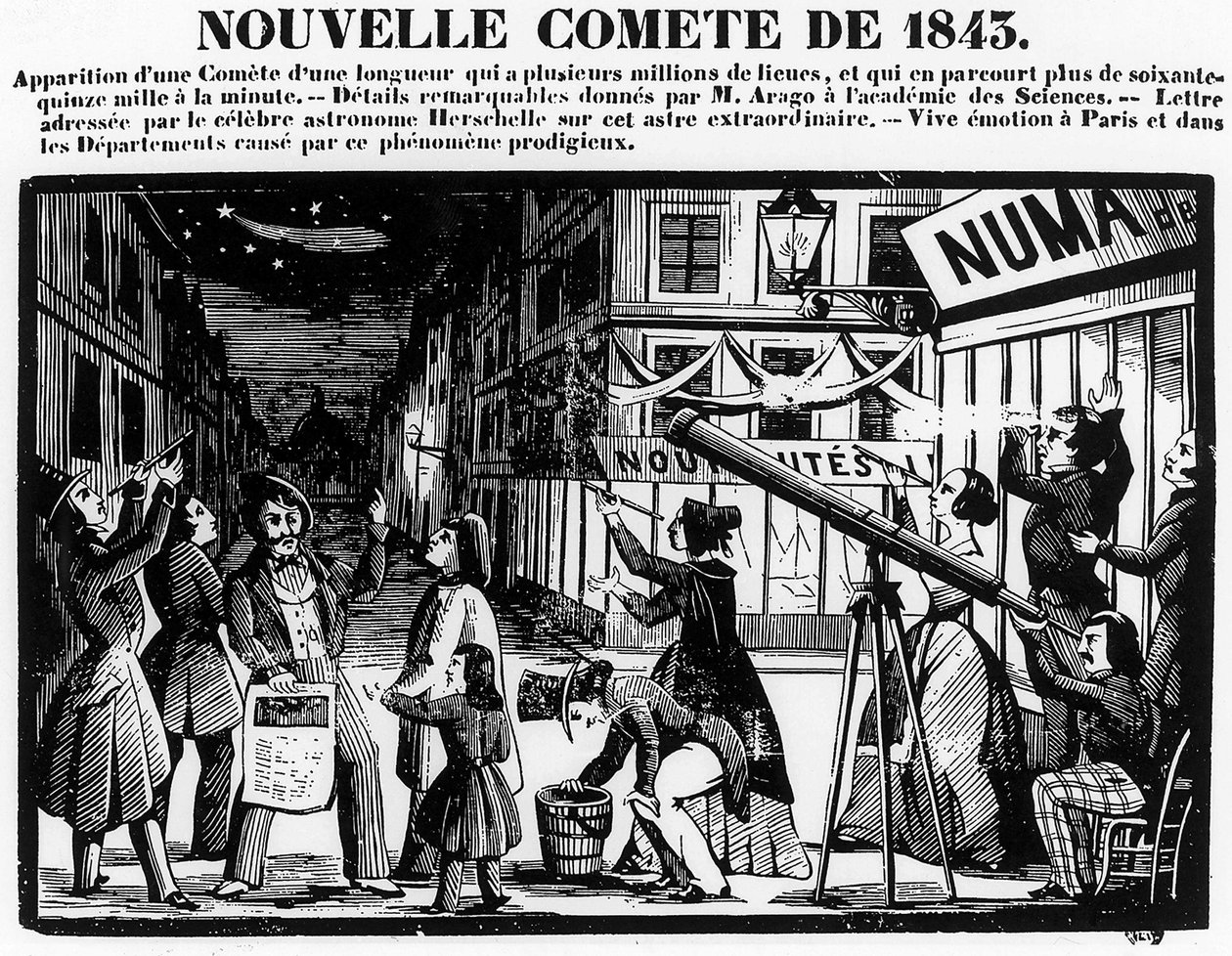 Utseende av en komet i Paris i 1843 - gravering av French School