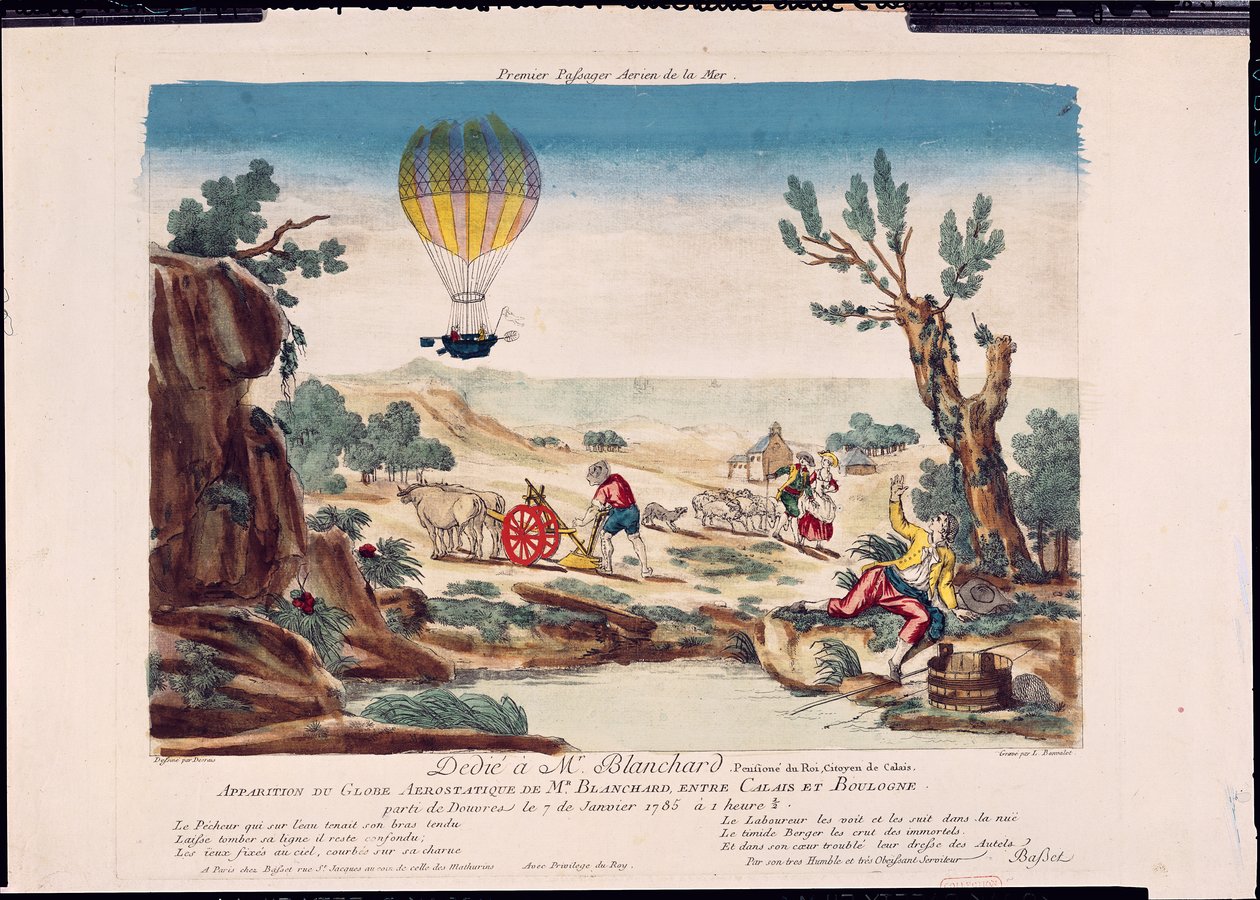 Utseendet til varmluftsballongen til Jean Pierre Blanchard (1753-1809) mellom Calais og Boulogne, 1785 av French School