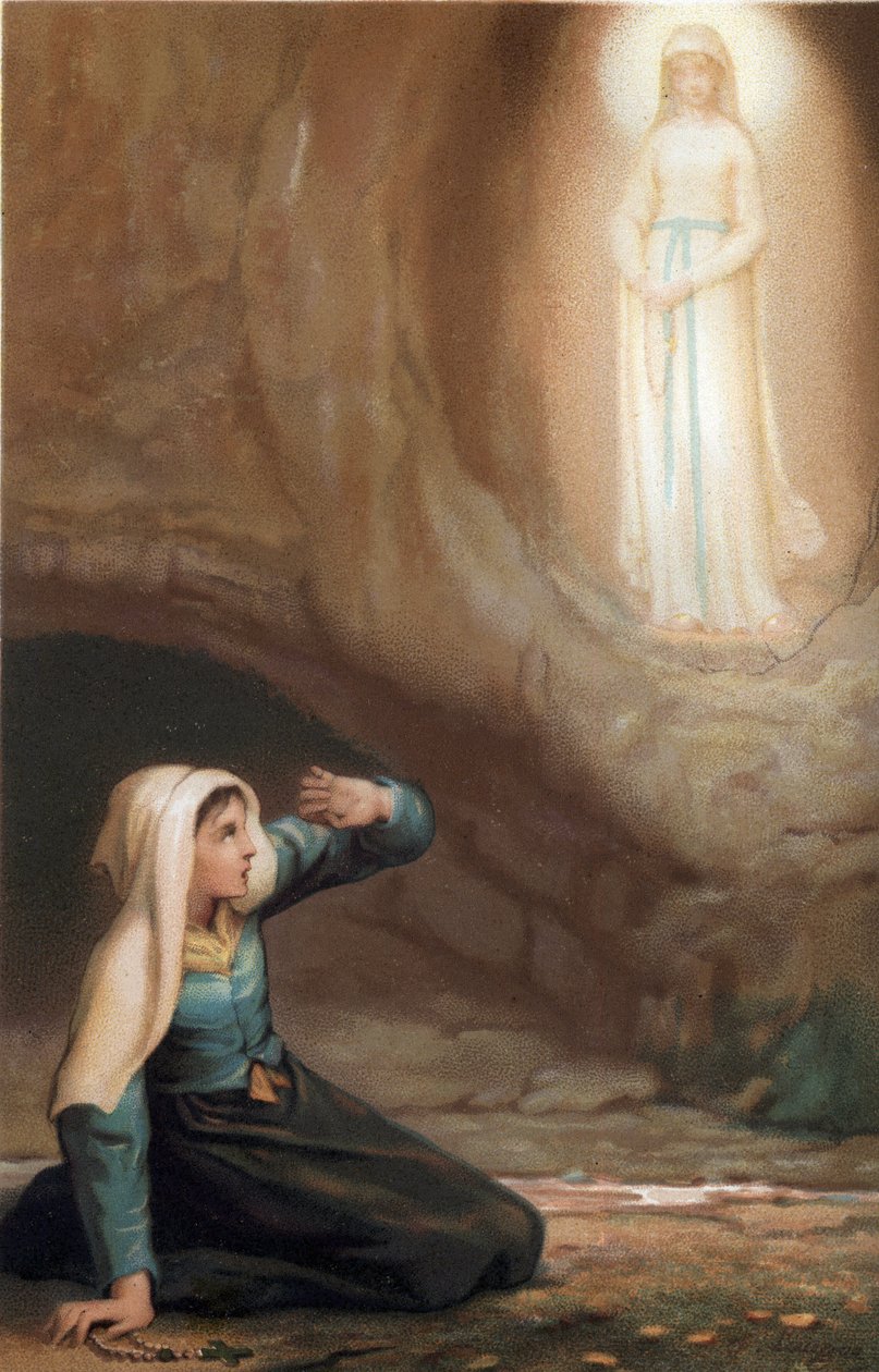 Jomfru Marias utseende til Bernadette Soubirous (1844-1879) i hulen Lourdes, Hautes Pyrenees (65) av French School