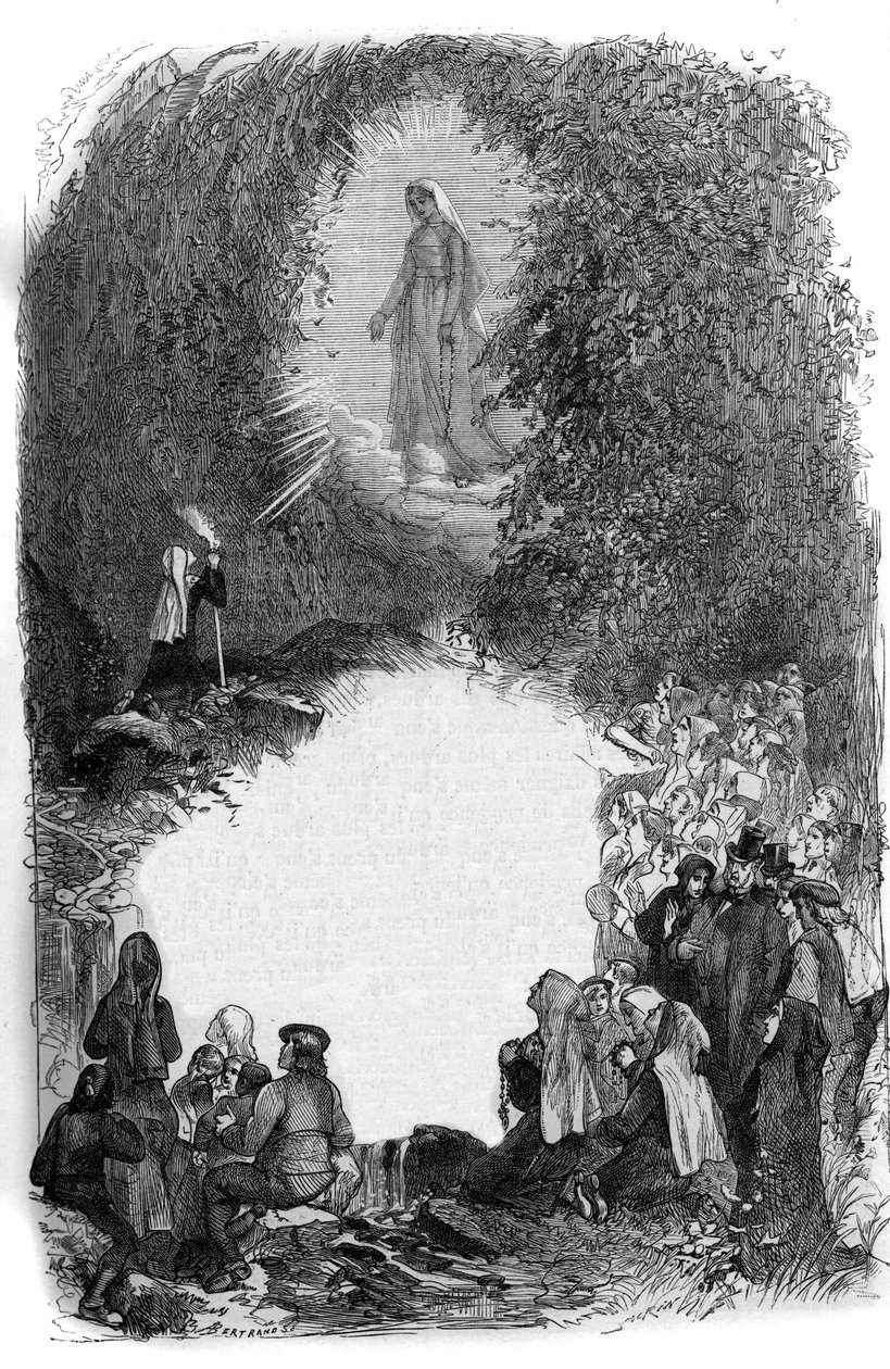 Appearance of the Virgin Mary to Bernadette Soubirous (1844-1879) in the cave of Lourdes, Hautes Pyrenees (65) av French School