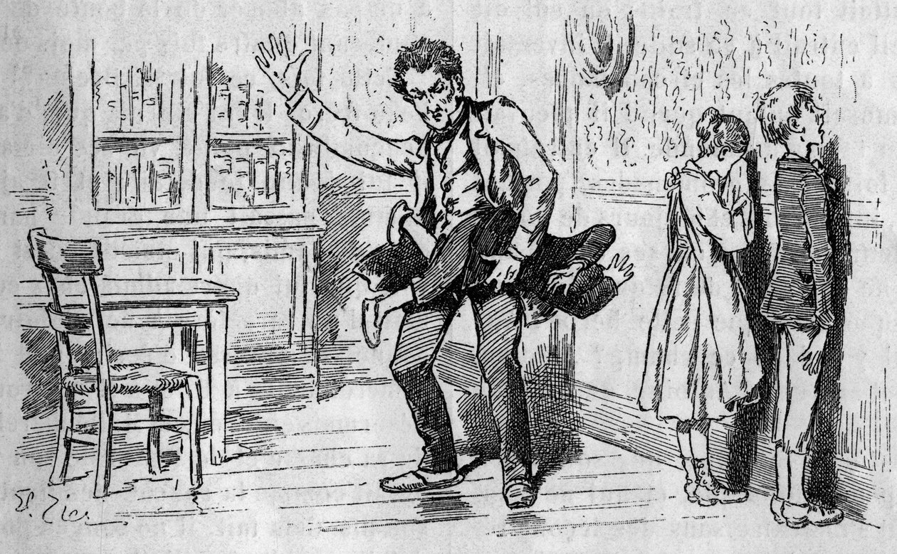 Applying punishment by a teacher on a pupil dissipates in a pentionnate. Engraving in the illustrious journal “” La jeunesse”” av French School