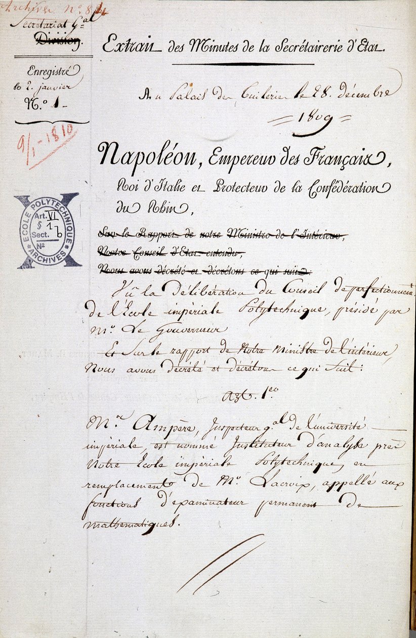Utnevnelse av Napoleon av André Marie Ampère som inspektør for Polytechnique - Obligatorisk omtale: Archives of the Bibl. fra Ecole Polytechnique av French School