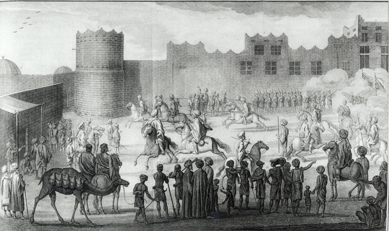 Arab Fighters Exercising in Yemen, fra Description of Arabia sørget for egne observasjoner og meninger samlet på de samme stedene av Carsten Niebuhr, publisert 1774 av French School