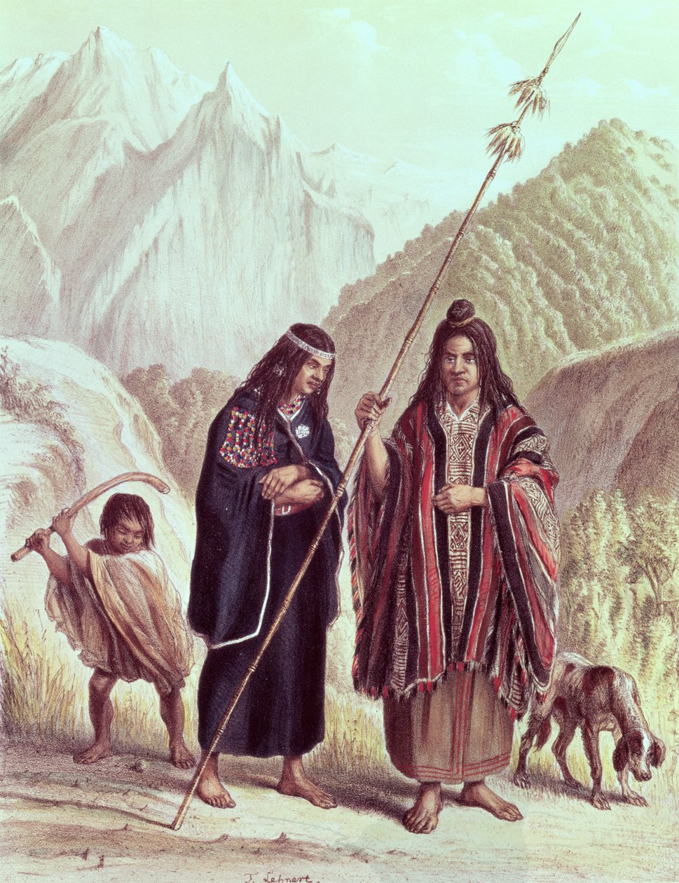 Araukaniske indianere, illustrasjon fra 'Historia de Chile' av Claudio Gay, gravert av F. Lehnert av French School