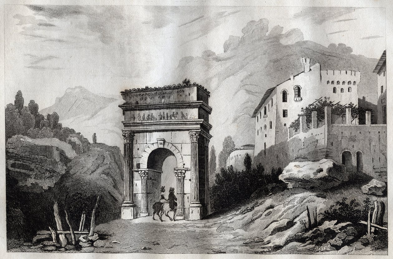 Augustusbuen (Susa) - Augustusbuen (Susa) - Arco di Augusto (Susa) - Gravering fra "" Italy Picturesque" - Historisk og beskrivende maleri av Italia"" av M. de Norvins, Ch. Nodier 1834-1836. av French School