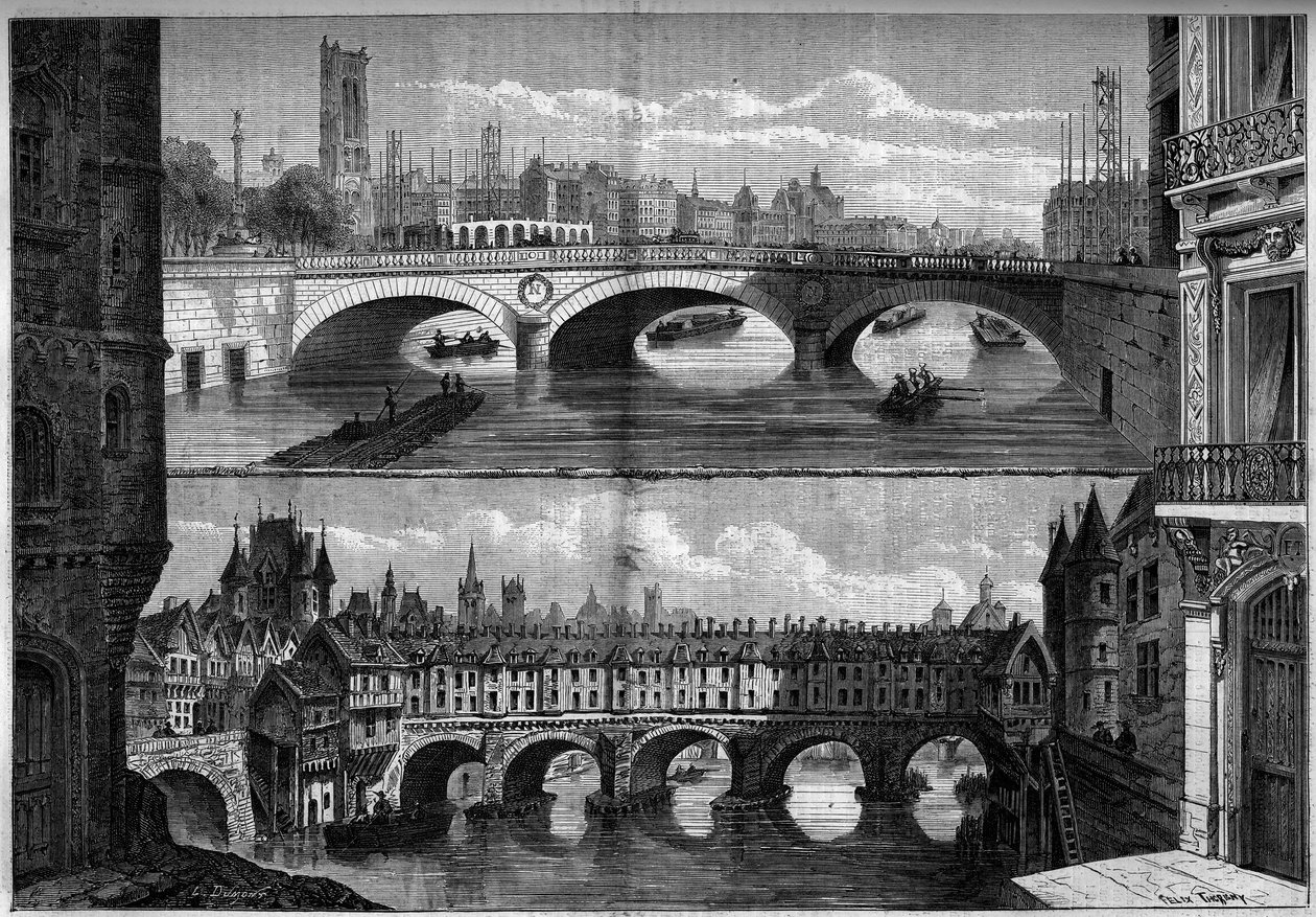 Arkitektur, Paris: utsikt over den gamle broen au Change (1639-1647) i 1660 og den nye broen bygget i 1860. Gravering i "" Le Monde Illustré"" nr. 184 av 20. oktober 1860. av French School