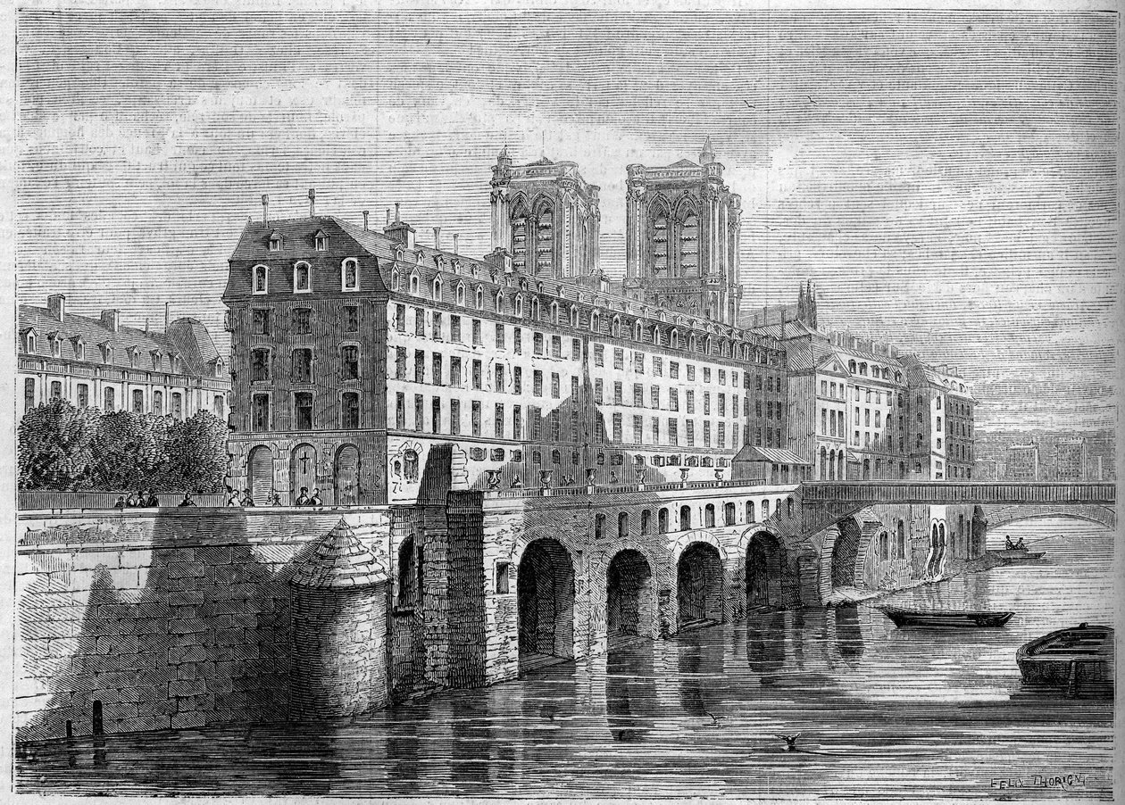 Arkitektur: utvendig utsikt over Hotel Dieu på Ile de la Cite i Paris, før rivingen. Utsikt tatt fra Quai de la Tournelle i 1859. Gravering i "" Le Monde Illustré"" nr. 136 av 19. november 1859. av French School