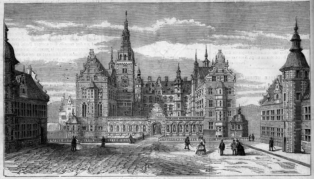 Arkitektur: utvendig utsikt over slottet i Frederiksbourg (cirka 1625) i Danmark av French School