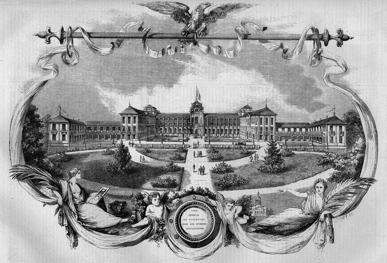 Arkitektur: fasade av sykehuset kjent som "Imperial Asylum of Vincennes" for rekonvalesentarbeidere innviet i 1857. I dag kalles "National Hospital of Saint Maurice", Saint Maurice (94). Gravering i “” Le Monde Illustré”” nr. 20 av 29. august 1 av French School
