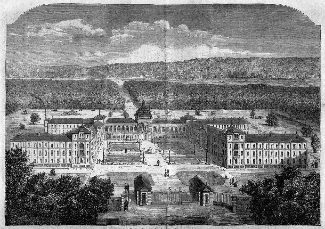 Arkitektur; generell visning av det keiserlige asylet for rekonvalesentarbeidere i Vesinet, bygget etter planene til arkitekten Eugene Laval (1818-1869) og innviet i 1859. Gravering i "" Le Monde Illustré"" nr. 77 av 2. oktober 1858. av French School