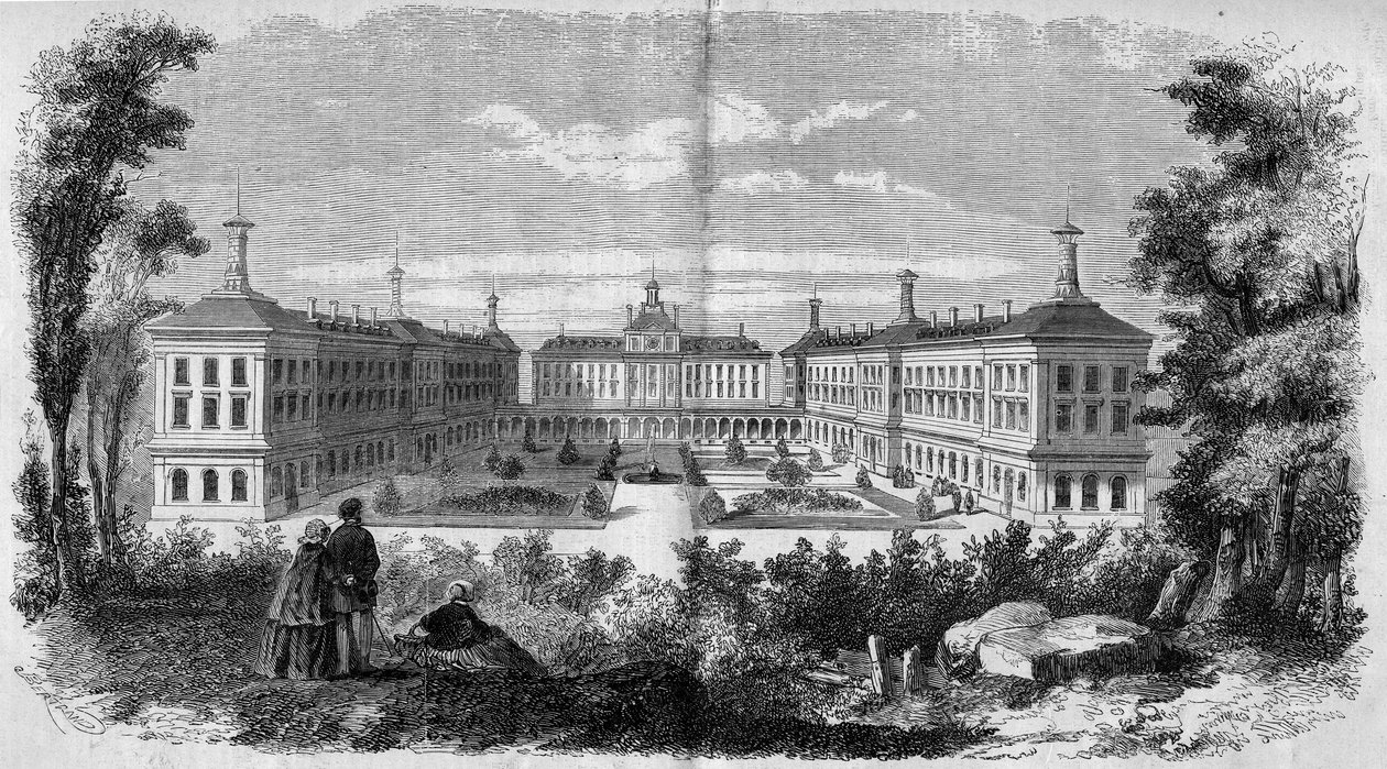 Arkitektur: generelt syn på militærsykehuset i Vincennes (1858). Gravering i "" Le Monde Illustré"" nr. 61 av 12. juni 1858. av French School