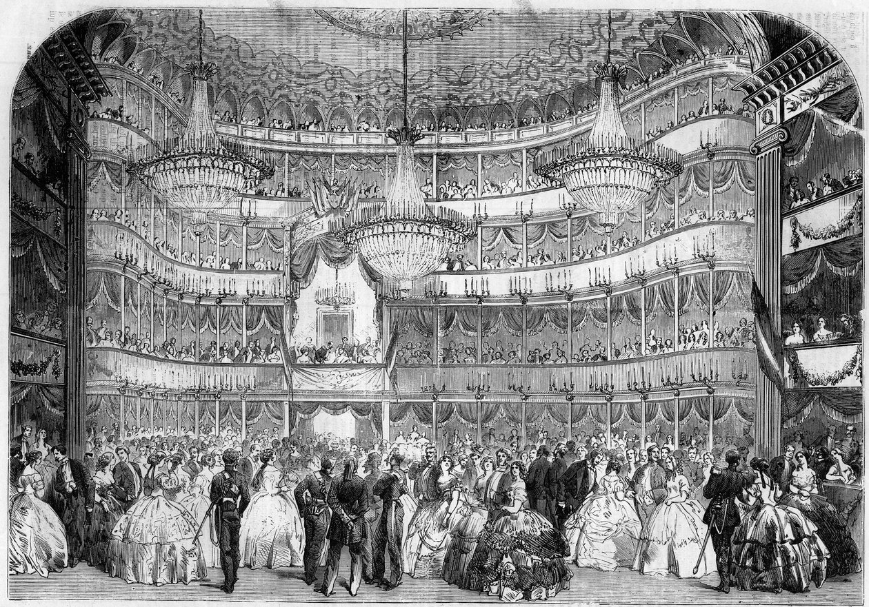Arkitektur: innvendig utsikt over Det kongelige teater (1800-tallet) i Nice (Alpes Maritimes, 06), i 1858, under veldedighetsballet gitt av Societe francaise d