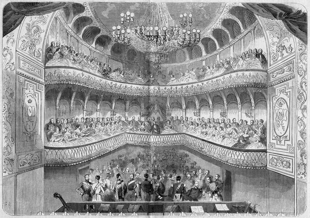 Arkitektur: innvendig utsikt over teatret (1700-tallet) til palasset i Fontainebleau. Gravering i "" Le Monde Illustré"" nr. 61 av 12. juni 1858. av French School