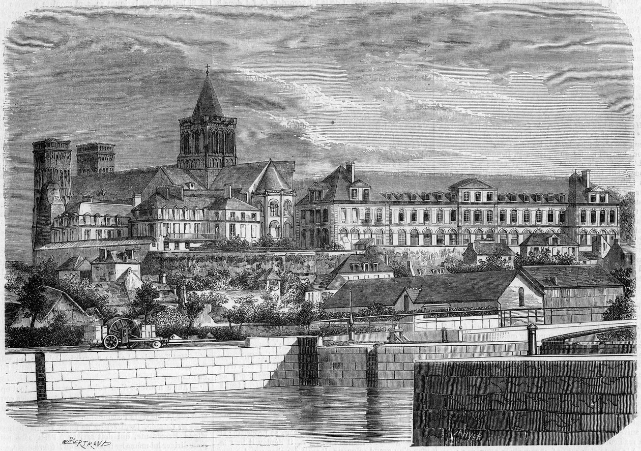 Architecture: view of the Abbey aux Dames (around 1060) and the Church of the Holy Trinity (Romanesque style). Caen, Calvados (14) av French School