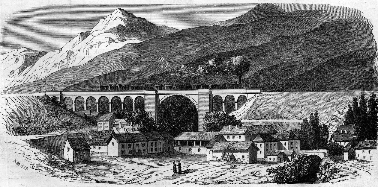 Arkitektur: utsikt over Bellegarde-viadukten (Rhone Alpes) på jernbanelinjen som forbinder Lyon med Genève. 1858. Gravering i “” Le Monde Illustré”” nr. 49 av 20. mars 1858. av French School