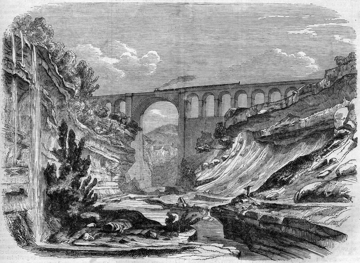 Architecture: view of the Valserine viaduct (Rhone Alpes) on the railway line connecting Lyon to Geneva. 1858. Engraving in “” Le Monde Illustré”” n°48 of 13 March 1858. av French School