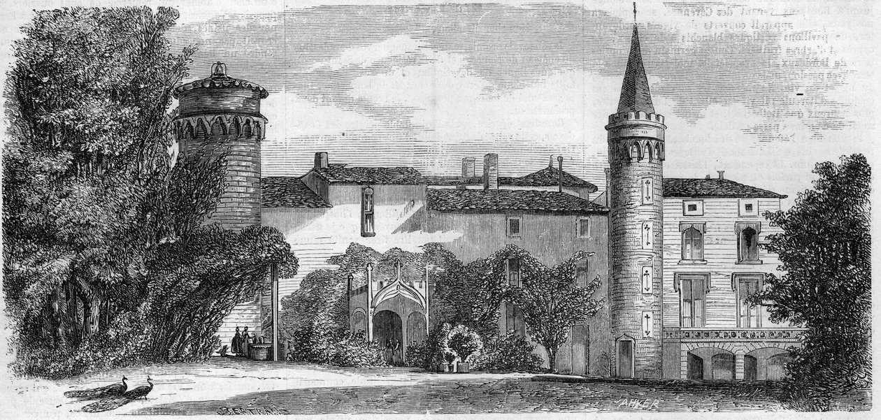Arkitektur: utsikt over slottet Saint Point (Saint-Point) (1200-tallet), residensen til Alphonse de Lamartine. Saone og Loire (71). Gravering i "" Le Monde Illustré"" nr. 29 av 31. oktober 1857. av French School
