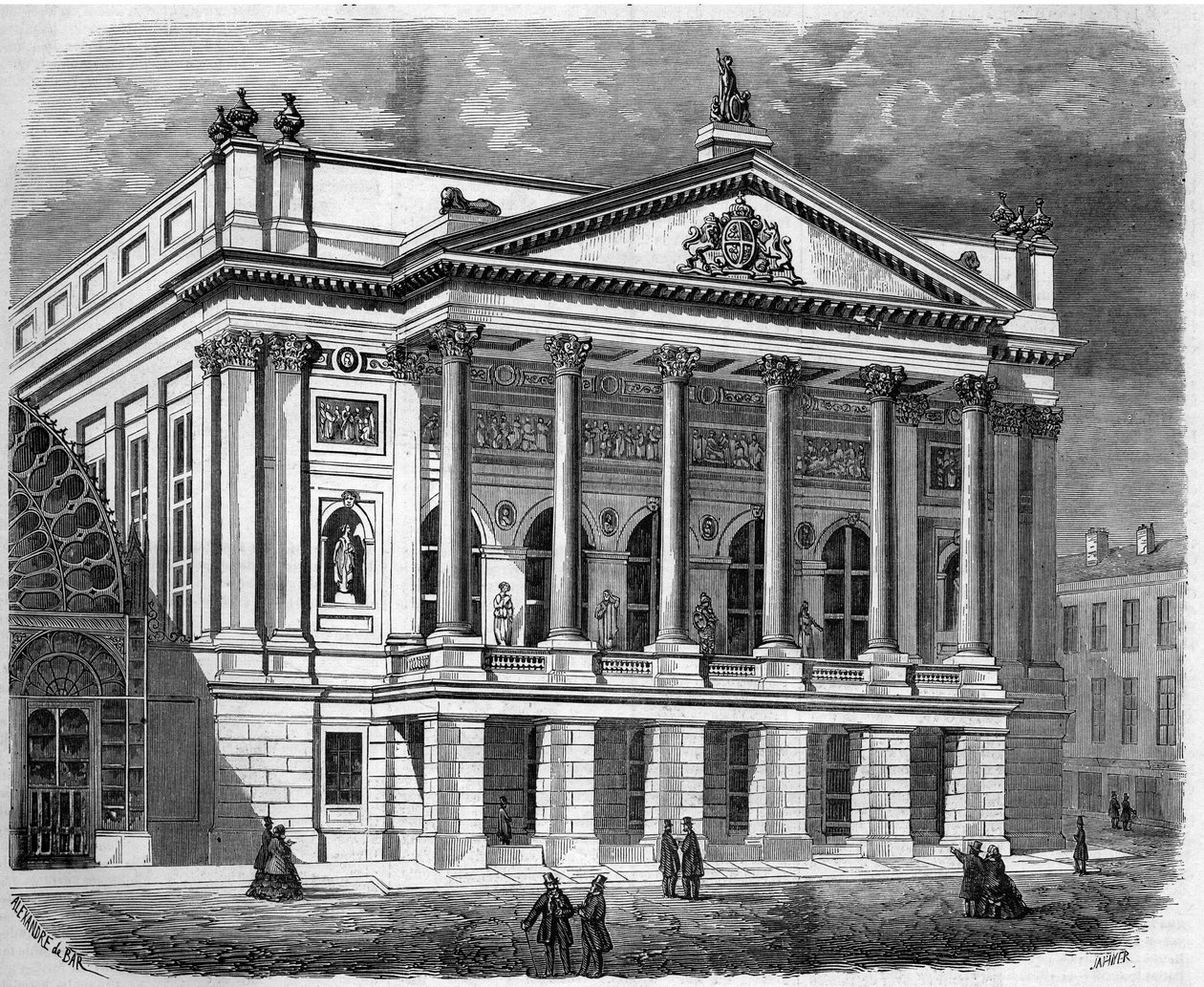Architecture: view of the facade of the Italian Theatre in London (England) in 1858. Engraving in “” Le Monde Illustré”” n°38 of January 2 av French School