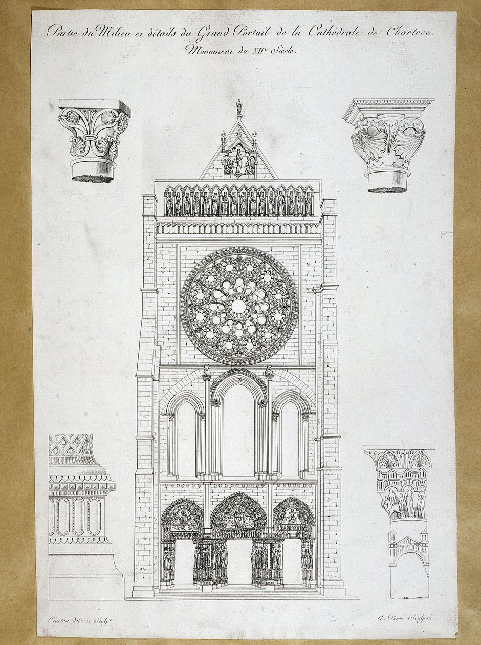 Arkitektur: utsikt over den store portalen til Cathedrale de Chartres - Monument fra 1100-tallet Plate fra 1800-tallet av French School