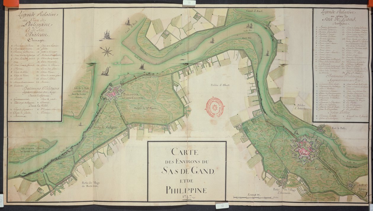 Område rundt Sas van Gent og Filippinene, Nederland, 1747 (penn, blekk og wc på papir) av French School