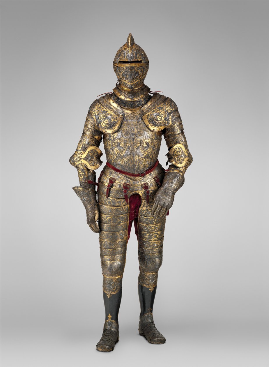 Rustning til Henrik II, konge av Frankrike (regjerte 1547–59), ca. 1555 (stål, gull, sølv, lær, tekstil)   Dato: ca. 1555 Medium: Stål, gull, sølv, lær, tekstil av French School