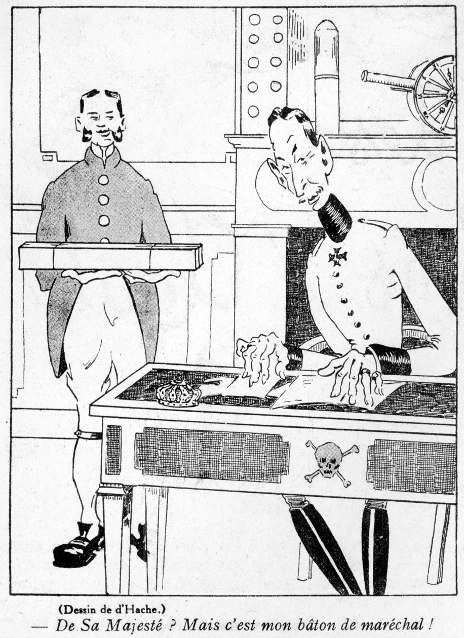 Hærens offiser mottar en Marshals stafettpinnen fra Kaiser, tegneserie fra April Fools Day (Poisson dAvril) utgaven av La Baionette magazine, 29. mars 1917 av French School