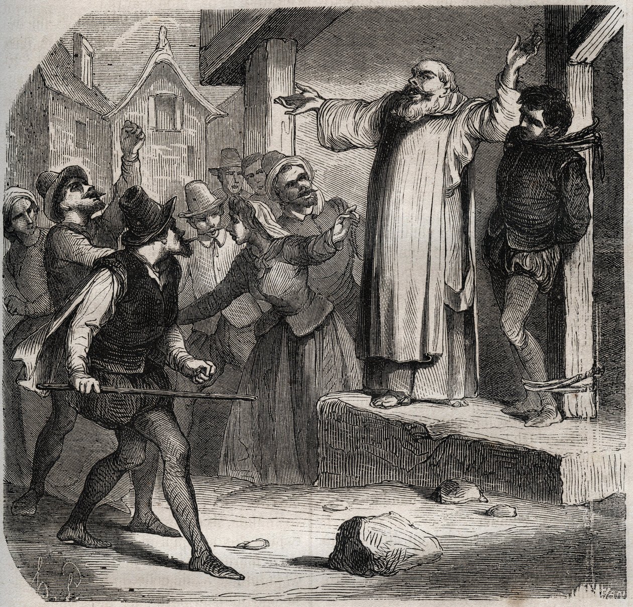 Arnaud du Tilh (Thil) is attached to a gallows and subjected to the insults of the crowd before his execution for usurping the identity of Martin Guerre (circa 1524 around 1560). Engraving from 1871 in “Histoire Des Cocuses Celebres”” by Henry de Kock (181 av French School