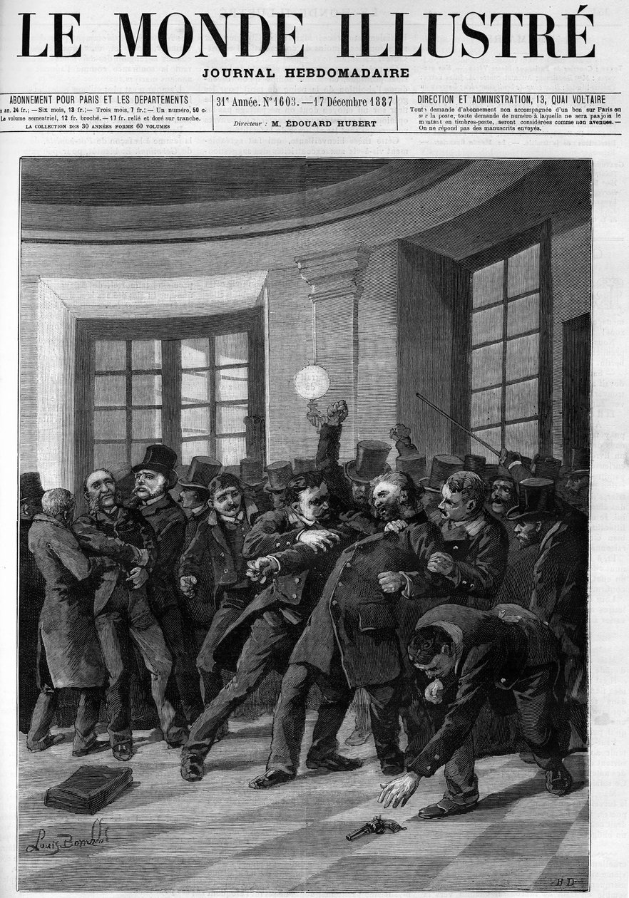 Arrestasjon av Aubertin etter hans forsøk på angrep på Jules Ferry ved Palais Bourbon i 1887. Forside av "" The Illustrious World"" fra 1887. av French School