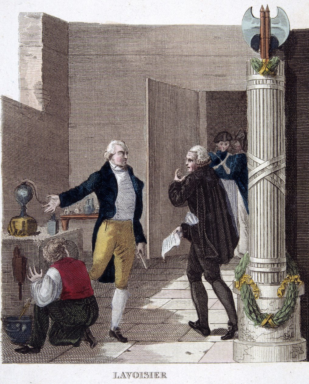 Arrestasjon av Lavoisier i laboratoriet hans. av French School