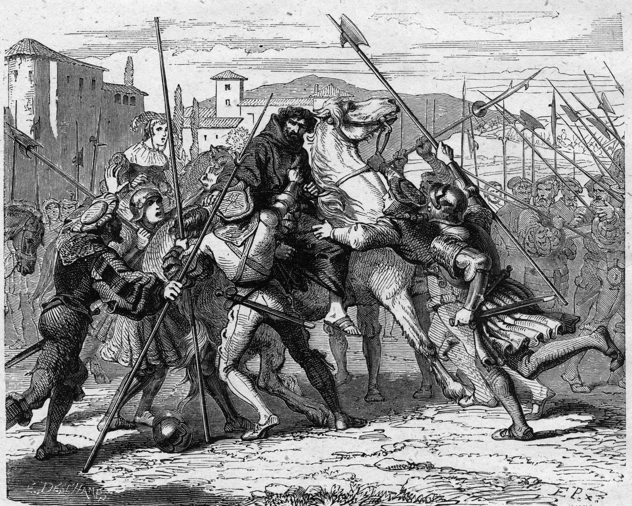 Arrestasjonen av Ludovic Marie Sforza dit le More (Ludovico Maria Sforza detto il Moro) (1452-1508) i Milano i 1500 forrådt av sveitsiske leiesoldater, falt han i hendene på den franske hæren. Gravering i "" Histoire De France En Cent-malerier av av French School