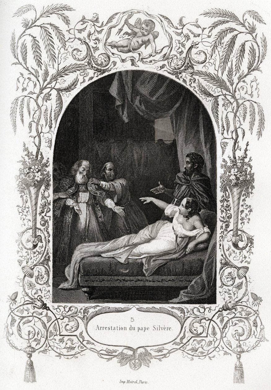 Arrestasjon av pave Silvere (Silverio) (pave fra 536 til 537). Gravering for å illustrere Histoire des popes av Maurice Lachatre (1814-1900), librairie du progres, Paris. av French School