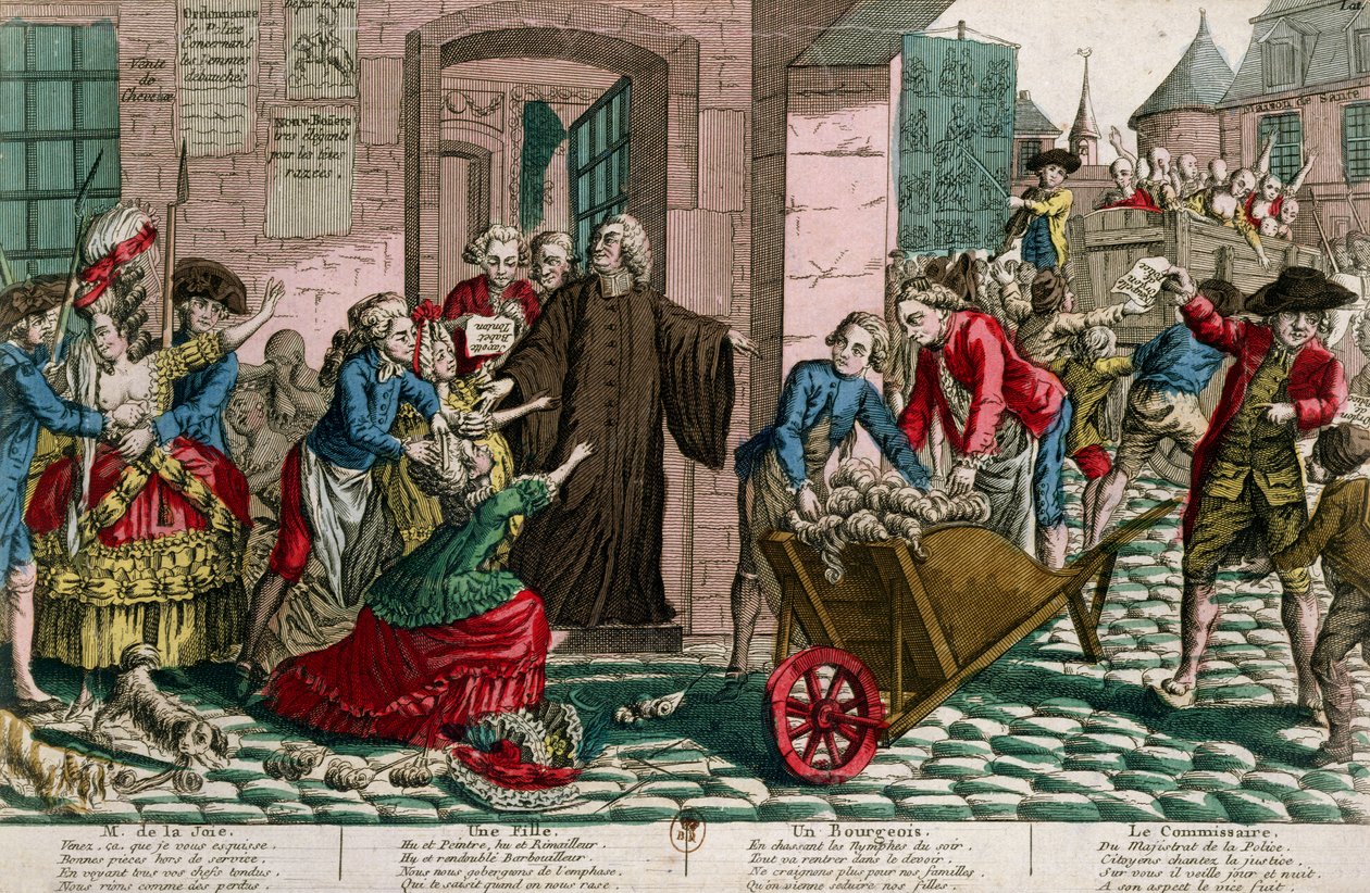 Arrestasjon av prostituerte av politiet i Paris, ca. 1759 (fargegravering) av French School