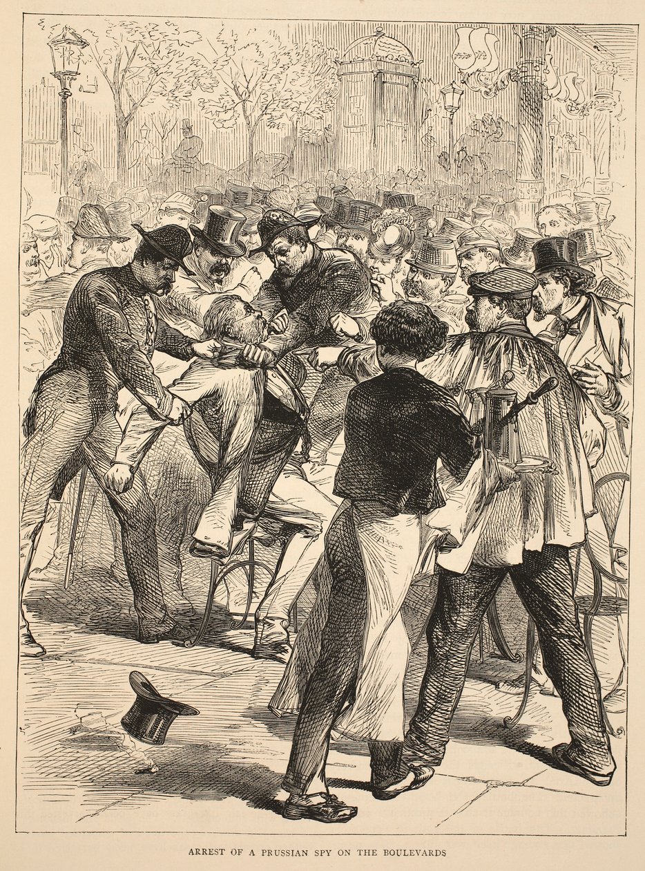 Arrestasjon av en prøyssisk spion på Boulevardene, september 1870, illustrasjon fra #39;Cassells historie om krigen mellom Frankrike og Tyskland#39; av French School