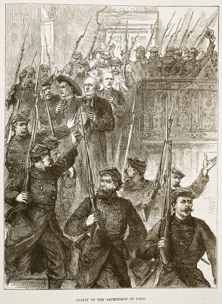 Arrestasjon av erkebiskopen av Paris, mars 1871, illustrasjon fra Cassells historie om krigen mellom Frankrike og Tyskland, 1870-1871 av French School