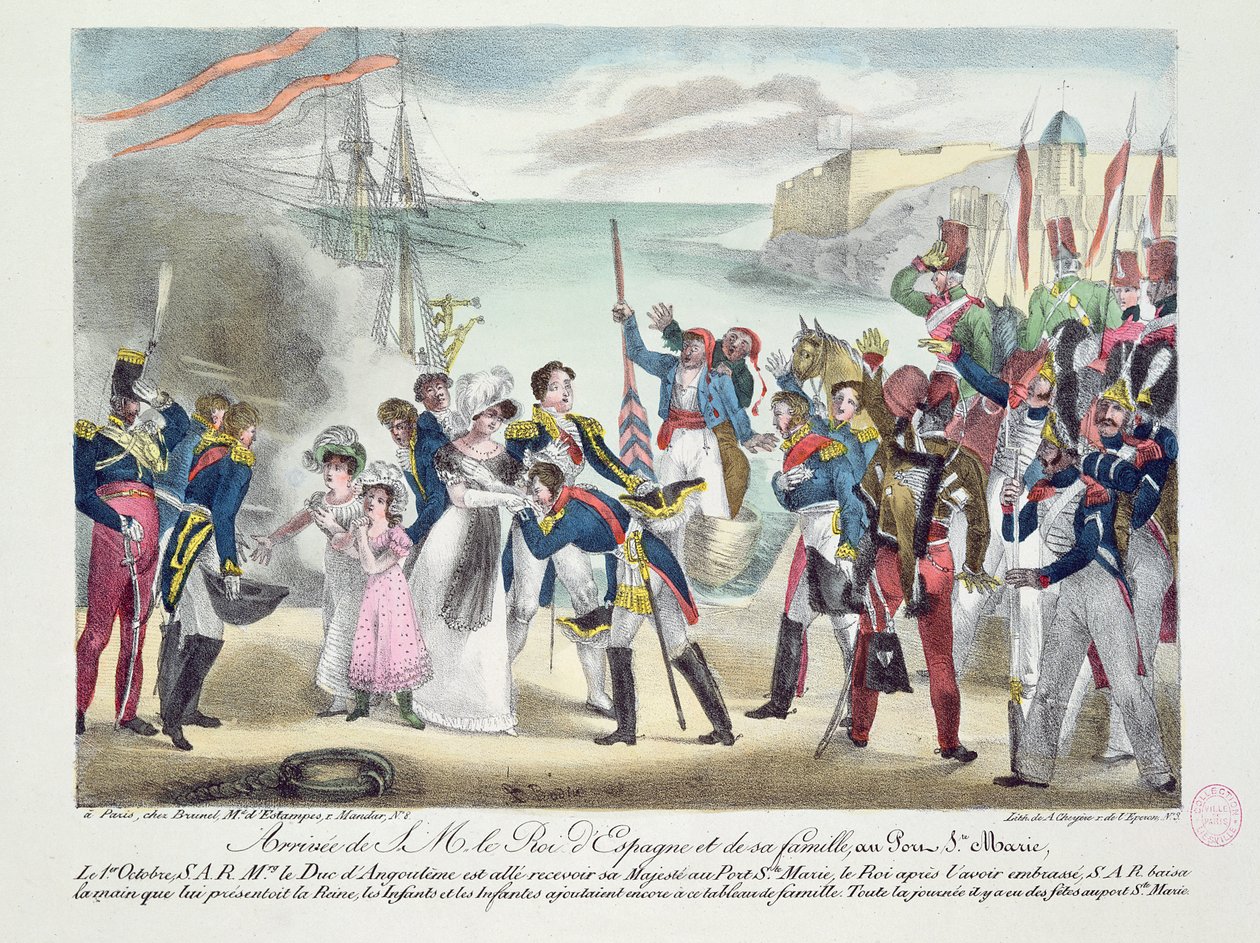Ankomst av Hans Majestet Ferdinand VII og hans familie til Porte Sainte Marie, 1. oktober 1823, 1823 av French School