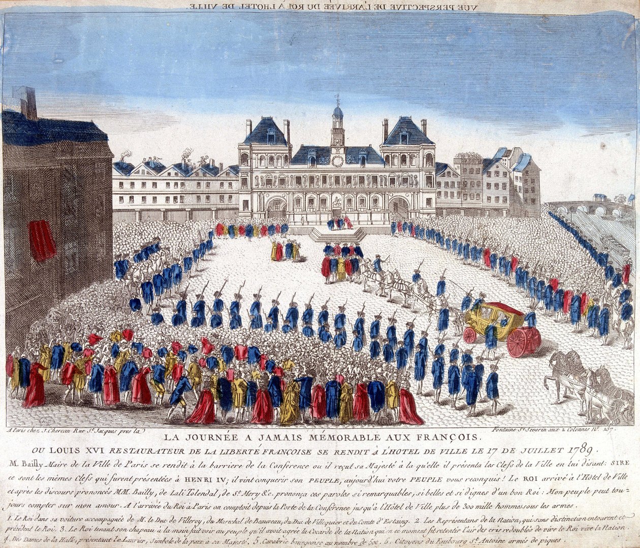 Ankomst av Louis XVI til Hôtel de Ville i Paris 17. juli 1789 - gravering av French School