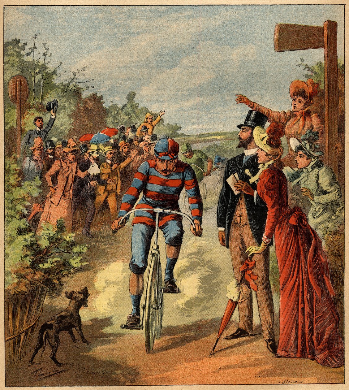 Arrival of a cycling race in the French countryside. Engraving in “” La Terre Illustree”” n°81 of 19 May 1892. av French School
