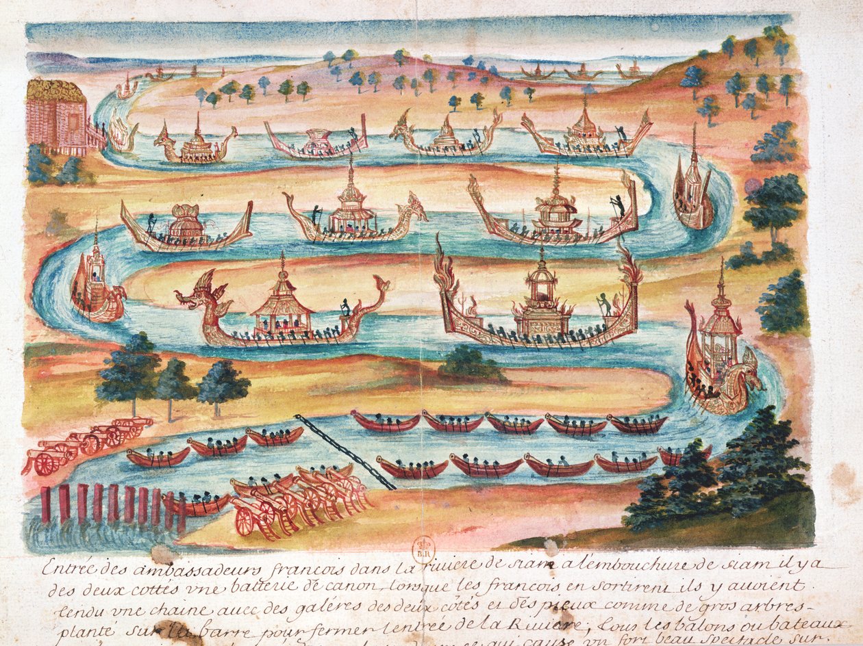 Ankomst av de franske ambassadørene til Siam, fra en beretning om jesuittene i Siam, 1688 (wc på papir) av French School