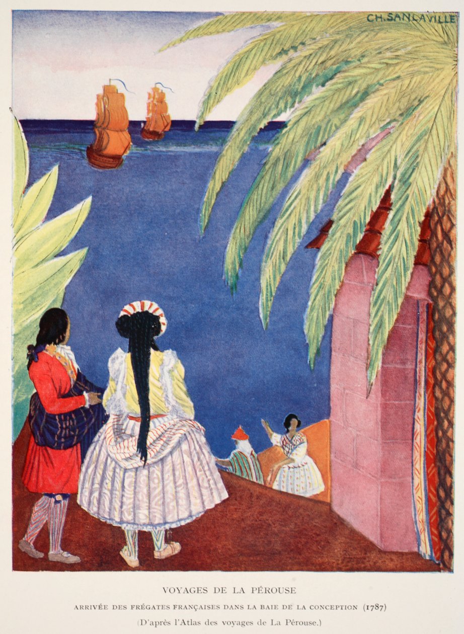 De franske fregattenes ankomst til unnfangelsesbukten, Voyages of Perouse, kopi av M. Charles Sanlaville (fl.1920-30), illustrasjon fra Histoire de la Nation Francaise av Gabriel Hanotaux (1853-194) av French School