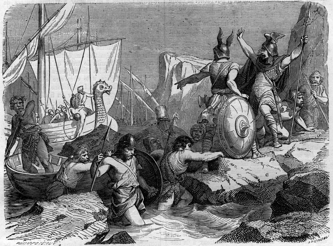 Normannernes ankomst til den franske kysten i middelalderen. Gravering i «Histoire des papes-kings-queens-et-empereurs a travers les centuries»» av Maurice Lachatre av French School