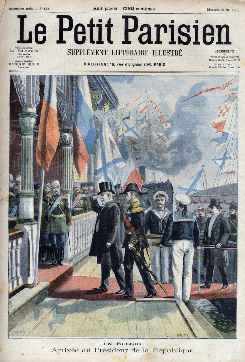 Ankomst av den franske republikkens president Emile Loubet (1838-1929) til Russland, i "Le petit Parisien"" av French School