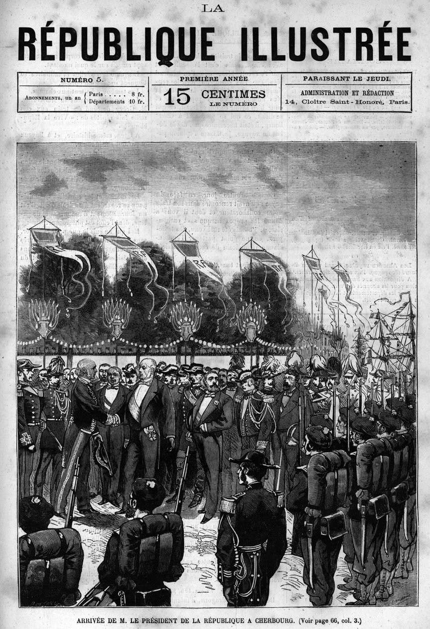 Ankomst av republikkens president Jules Grevy (1807-1891) ved Cherbourg-feiringen. En avis. Gravering fra 1880 i "La republique illustree"" privatsamling. av French School