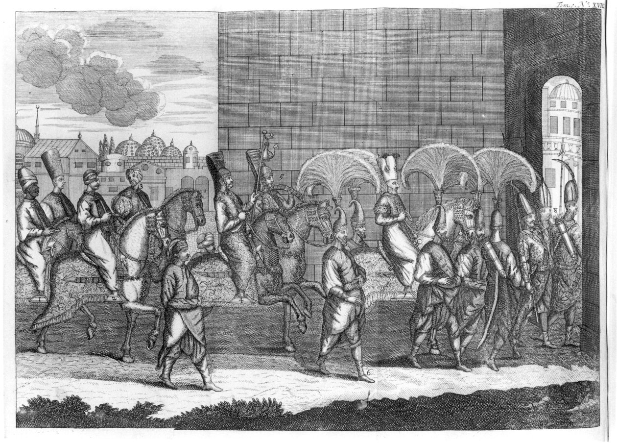 Sultan Mustafas ankomst til Konstantinopel, fra Travels of Sr A. de la Motraye i Europa, Asia og Afrika, publisert 1727 av French School