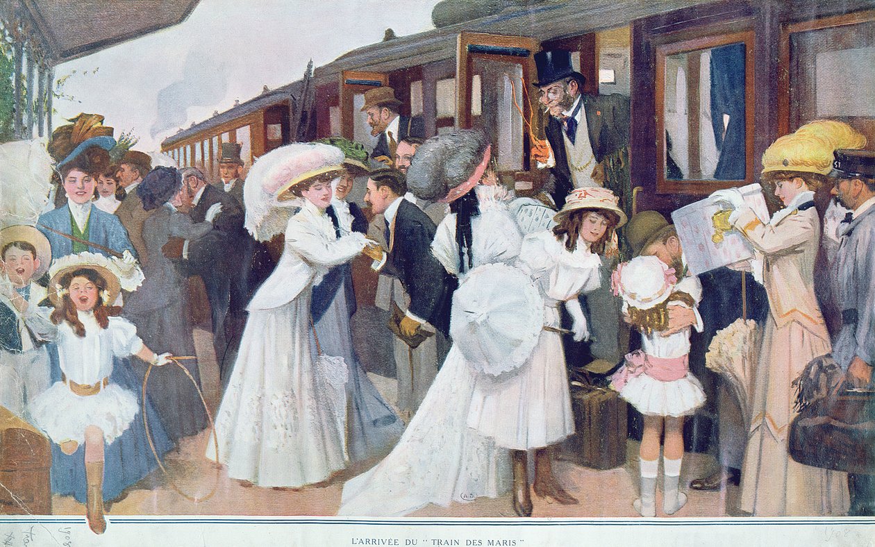 Ankomst av ektemenn med tog, 1908 av French School