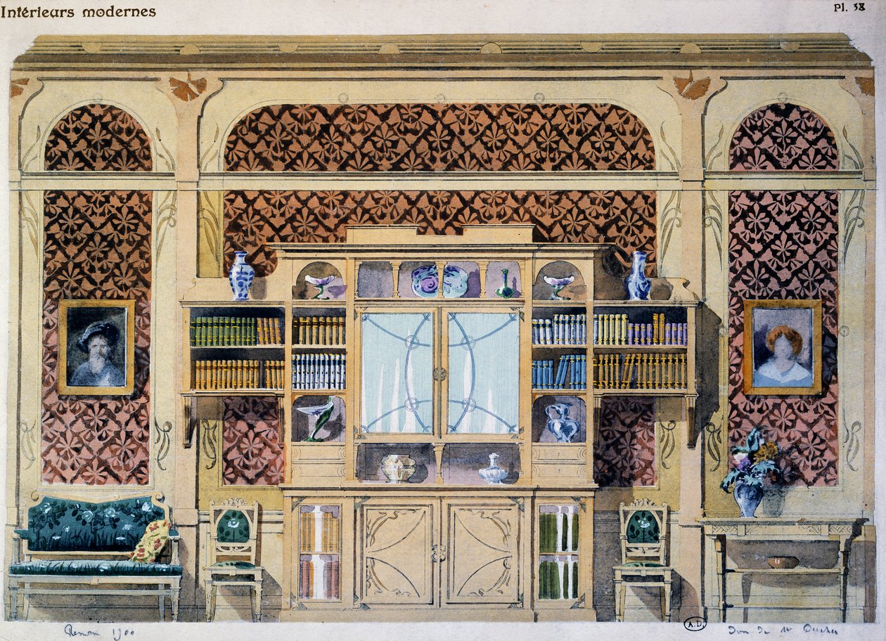 Art nouveau-stilbibliotek, illustrasjon fra magasinet Interieurs Modernes (Modern Interiors) av French School