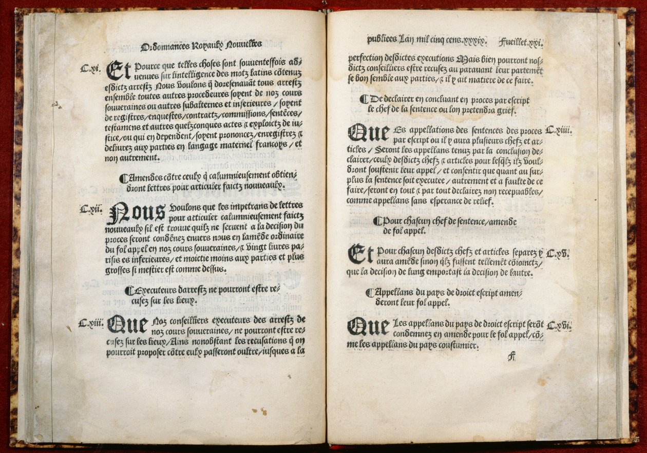 Artikkel 106, 107, 108 i Ordinance of Villers-Cotterets, 1539 (trykt papir) av French School